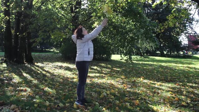 Mature Woman Throwing Autumn Leaves in Forest.

