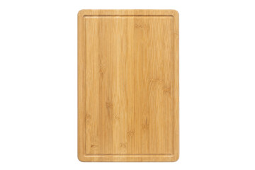 Rectangular light brown bamboo cutting board with a groove, shot from a top-down perspective on a clean white background © Chinases