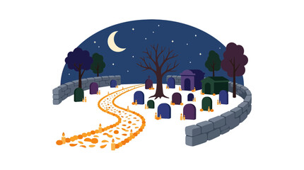 Obraz premium Flat vector illustration of a graveyard with candles and tombstones under a crescent moon
