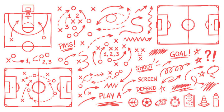 Set of sports game strategy tactics diagrams and hand drawn sketches for soccer and basketball team plays