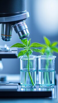Close-up of a microscope examining a green plant growing in a transparent test tube filled with liquid.
