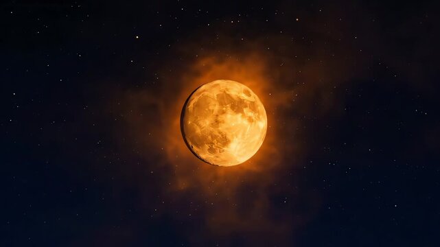 Glowing golden harvest full moon shining brightly through misty night clouds in dark starry sky