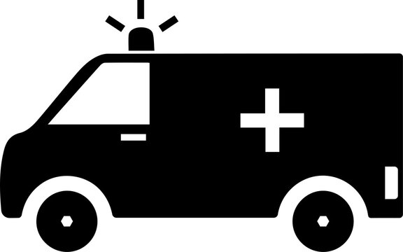 Ambulance icon, emergency vehicle black pictogram, medical van silhouette, healthcare responder vehicle symbol for design