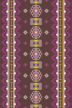 Vertical pixel art textile pattern with repeating geometric ornaments, magenta diamond motifs, ivory details, and yellow accents on a dark brown background.