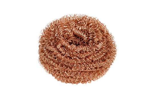 Single new shiny copper scouring pad for kitchen cleaning, isolated on a clean white background