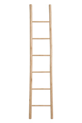 Tall, rustic wooden ladder with six rungs stands vertically, showcasing its natural light wood grain on a clean white background © Chinases