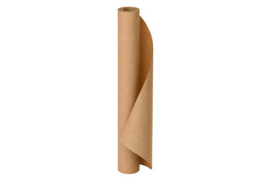 Single roll of brown kraft paper stands upright, partially unrolled, with a clean white background