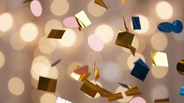 Gold, pink and blue confetti drifts and falls in slow motion through warm glowing bokeh, capturing a joyful celebration moment.