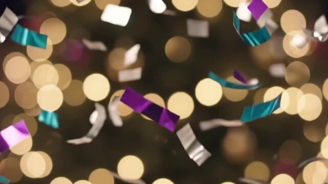 Silver Teal Purple Confetti Falling New Year Celebration Bokeh