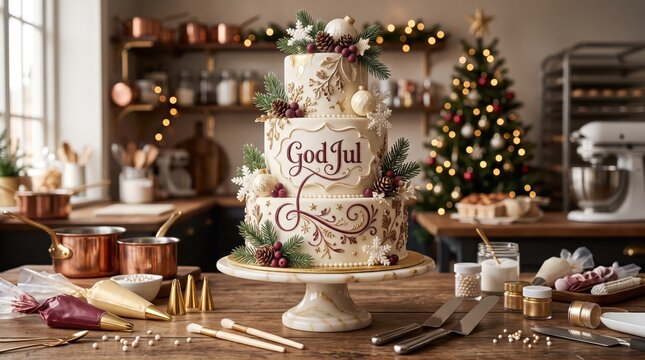 Ultra-realistic Swedish Christmas greeting card featuring elegant hand-painted &ldquo;God Jul&rdquo; lettering on a luxurious Scandinavian Christmas cake decorated with white chocolate, sugar snowflakes, burgundy