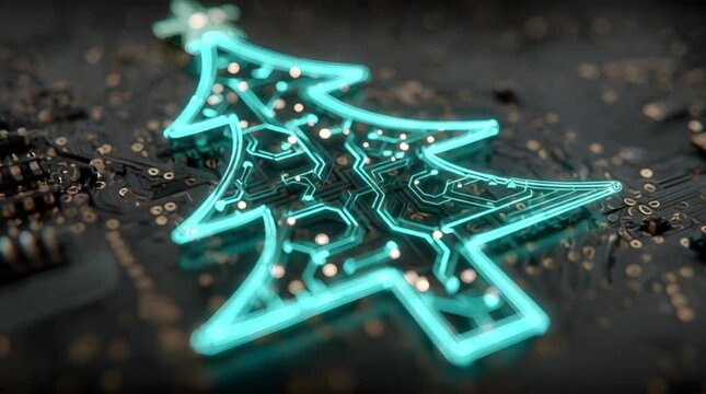 Luminous cyan neon Christmas tree circuit symbol glowing with star apex node and circuit pads on dark PCB motherboard background (AI Generated)