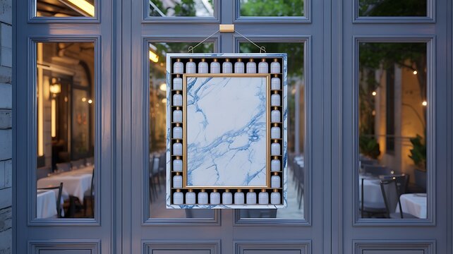 Marble sign hangs on a blue door to provide a professional branding mockup.