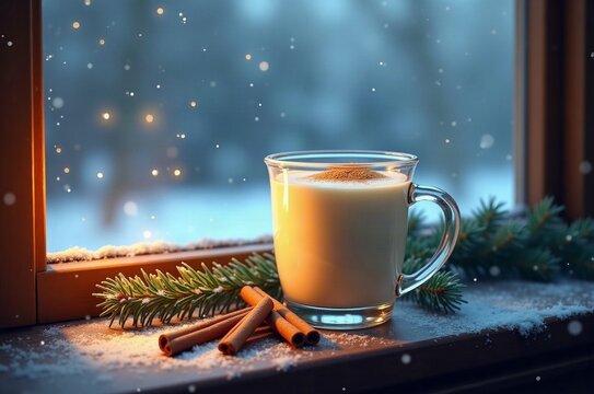 Spiced eggnog in a glass mug with grated nutmeg and cinnamon sticks on a snowy windowsill