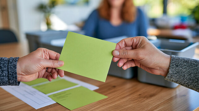 Photorealistic commercial stock photograph of a volunteer coordinator's hands carefully sliding one generic task card into its confirmed position within a row of volunteer task cards beside organize