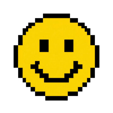 Yellow smiley face emoji in pixel art style with bold black outline isolated on a dark background for digital design and creative projects
