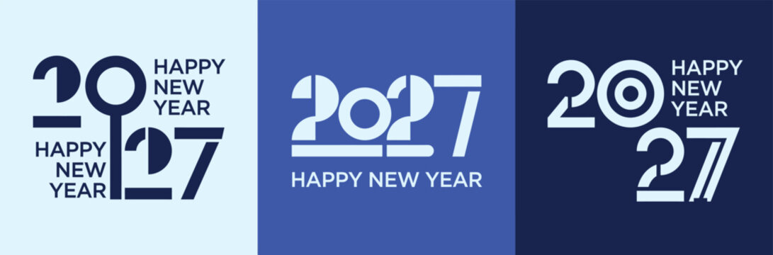 A collection of three modern blue and white graphic designs celebrating the upcoming happy new year 2027 holiday season