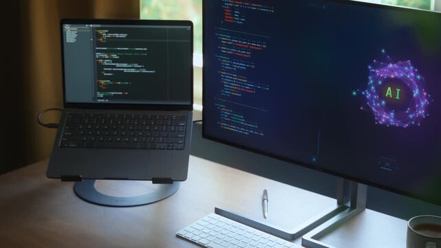 AI assistant or AI agent running automated tasks on computer in empty workspace, generating code and working on project automatically. Automation and task delegation to artificial intelligence