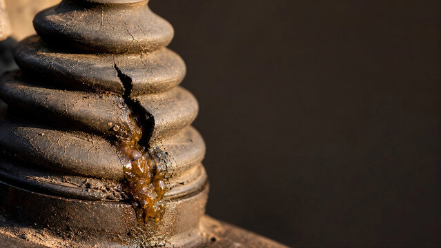 Macro dry rubber suspension ball joint boot showing deep crack and grease leak