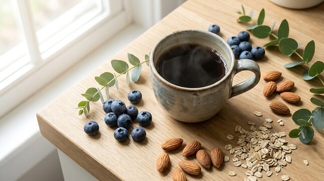 A cup of black coffee with fresh blueberries almonds and oats on a wooden table near a bright window. decaf health perks