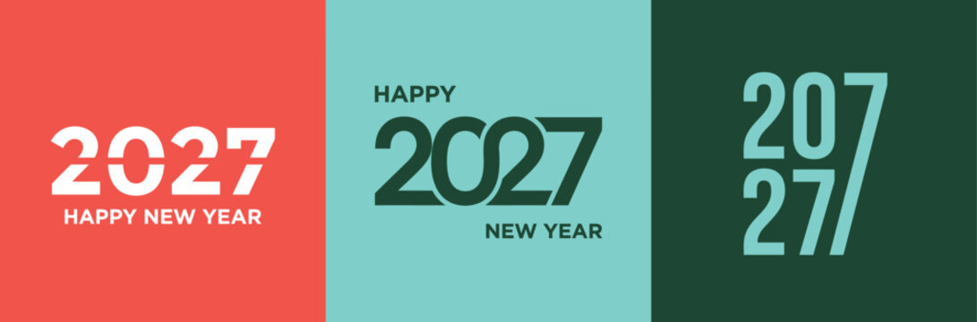 Set of creative happy new year 2027 greeting card designs featuring modern typography and vibrant colorful background templates for celebration