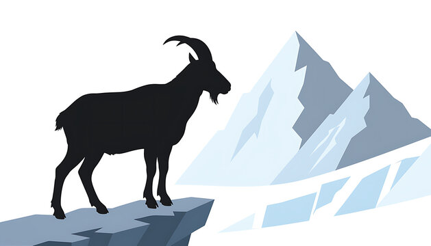 Flat vector illustration of a mountain goat silhouette standing on a rocky cliff with snowy mountains in the winter landscape background. 