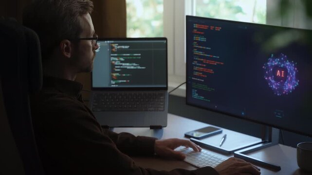 Professional programmer using an AI coding assistant or Artificial intelligence agent on a desktop computer while writing software code in a home office. Vibe coding concept. Space for text