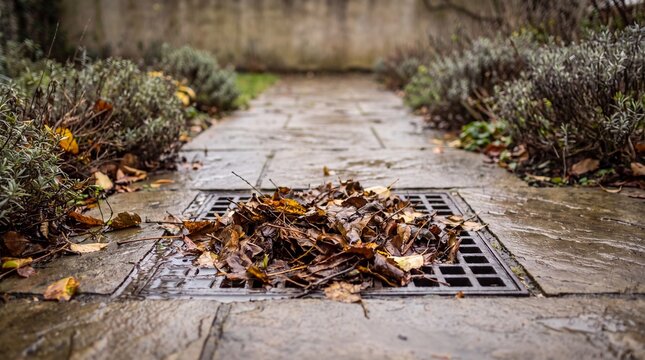 Wet fallen autumn leaves blocking metal drain grate on stone pathway