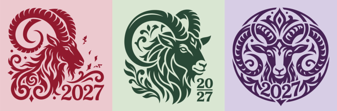 Three artistic goat illustrations representing the chinese zodiac sign for a happy new year 2027 celebration greeting card design