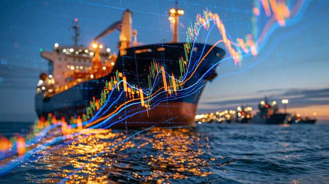Cinematic financial editorial concept showing oil market volatility through sharply ascending digital stock chart lines combined with a distant queue of oil tankers navigating a congested strategic 