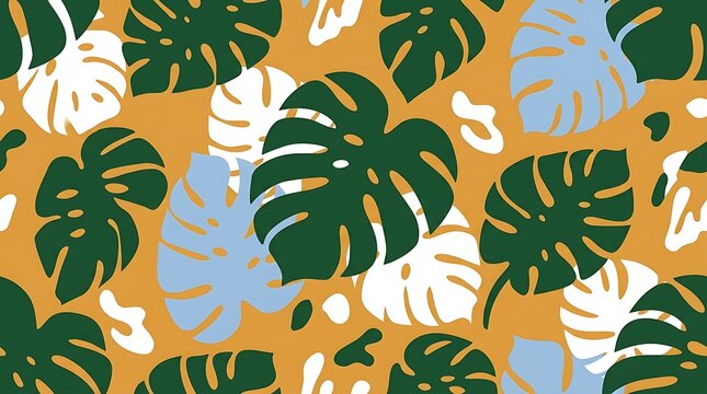 Seamless pattern with tropical monstera leaves in green white and blue colors on a mustard yellow background