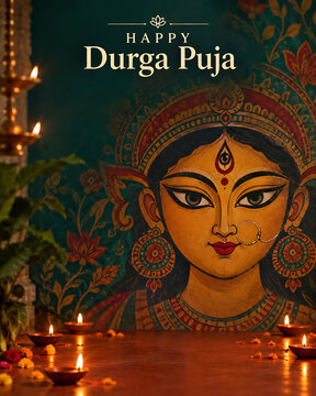 Woman praying before goddess durga artwork with glowing oil lamps during durga puja navratri diwali celebration representing devotion tradition worship and spirituality