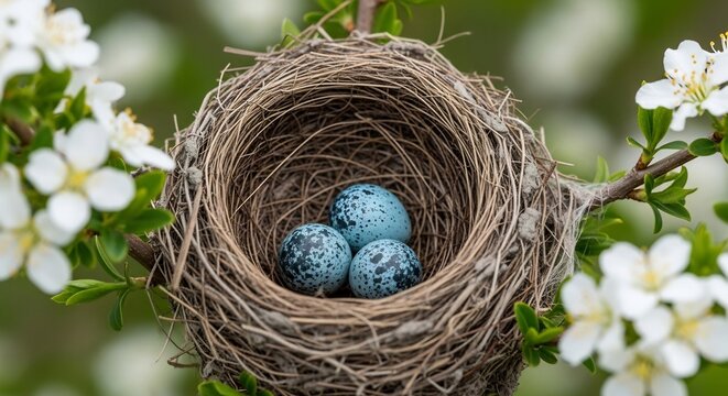 Detailed View of a Robin's Nest with Eggs in Spring