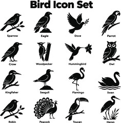 Obraz premium Bird Icon Set – Black Bird and Wildlife Silhouette Collection