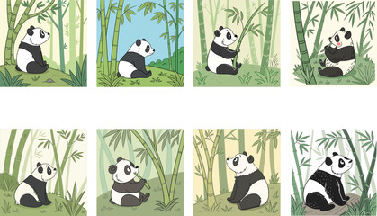 Giant panda bear vector illustration set with various cute poses, eating bamboo, sleeping, and walking © ABIR