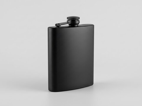 A small matte black metal pocket flask for carrying alcohol drinks isolated on a light gray background. unadorned flask