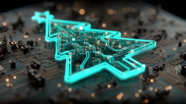 Pulsing cyan neon Christmas tree circuit symbol with glowing star apex node and intricate circuit pads on dark PCB motherboard background (AI Generated)