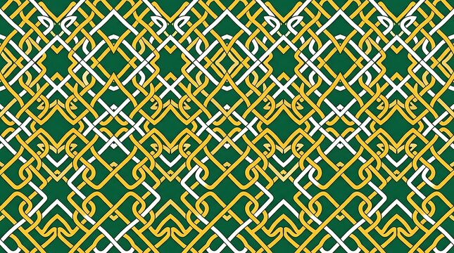 Seamless abstract pattern featuring intricate golden and white interwoven celtic knotwork on a dark green background