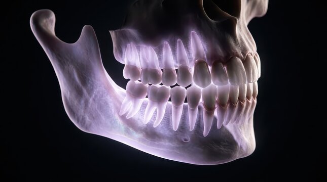 3D rendered X-ray of human skull and jaw.