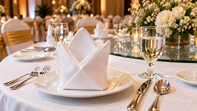 Formal Banquet Table Setting with Folded Napkin