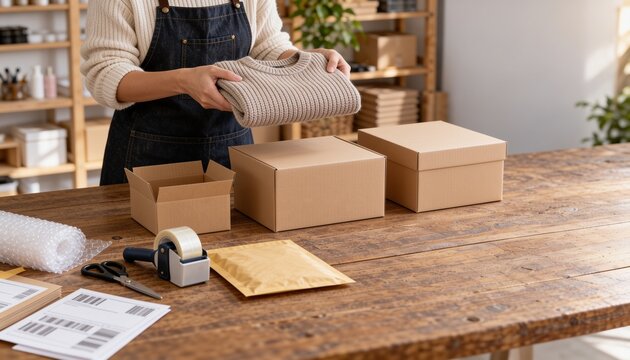 ニット商品を箱詰めする女性とEC発送用の段ボール