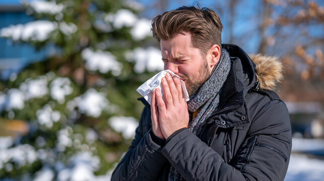 Young American man in a modern winter coat sneezing into a tissue outdoors, snow-covered trees creating a soft blurred background, relatable cold and flu symptoms, seasonal healthcare, immune health