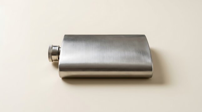 A shiny silver metal pocket flask for carrying alcohol drink placed on a neutral light surface background. unadorned flask