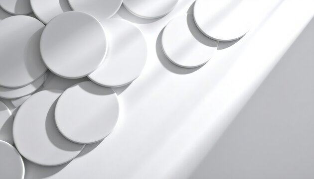 White circular discs creating geometric abstract pattern with shadows
