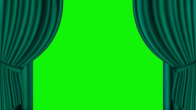 Green screen cinema curtains draw back on both sides to create a tall vertical opening, with layered folds forming a centered stage frame. Designed for opening sequences and presentation screens.