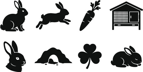 Fototapeta premium Rabbit and pet supply icon set with sitting bunny, jumping rabbit, carrot, hutch, burrow, clover and sleeping bunny silhouettes