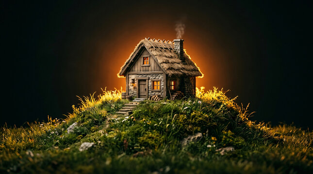 A cozy rustic cottage with a thatched roof glowing on a grassy hill at night.