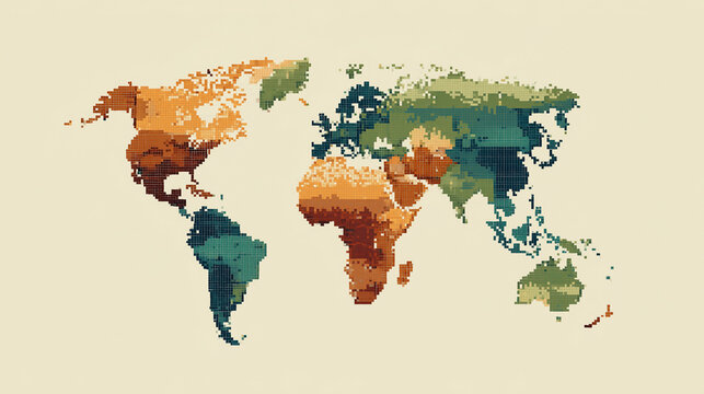 클래식한 빈티지 색감의 픽셀 스타일 세계지도 일러스트, Classic vintage color pixel style world map illustration