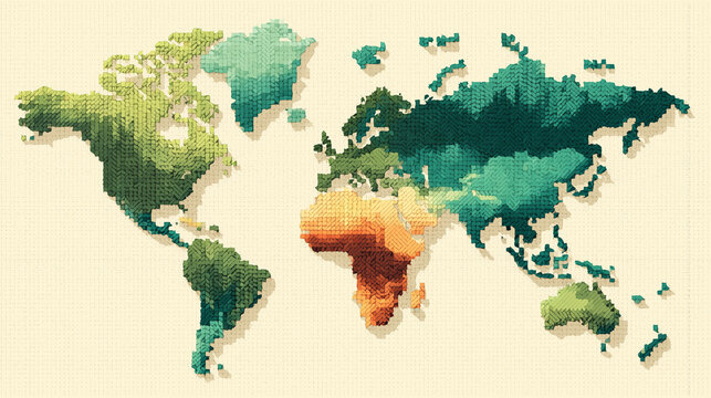 그린과 오렌지 톤의 디지털 픽셀 모자이크 세계지도, Digital pixel mosaic world map with green and orange tones