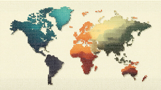 따뜻한 색감의 빈티지 픽셀 세계지도 일러스트, Warm color tone vintage pixel world map illustration