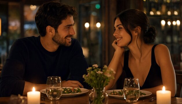 Happy couple having a romantic dinner date at a restaurant with candlelight